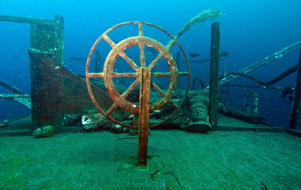 The wheel of the Boga Wreck, still intact. 
